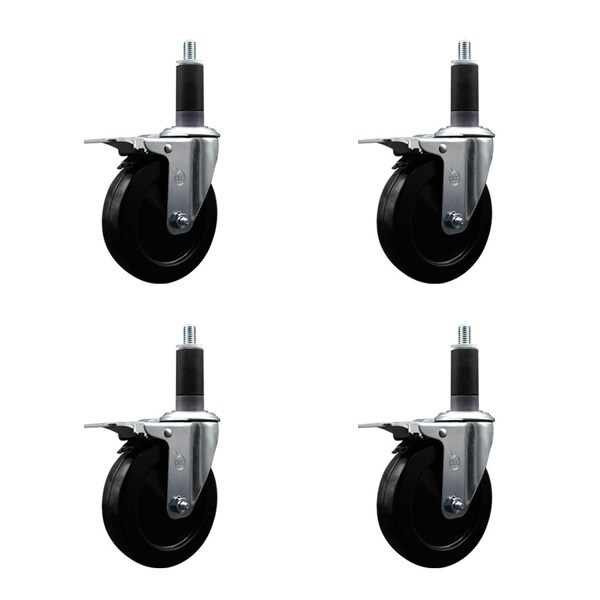 5'' SS Soft Rubber Swivel 1-1/8'' Expanding Stem Caster Set Total Lock Brake, 4PK